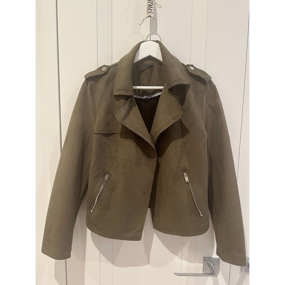 T Tahari Faux Leather Jacket Size S olive green new